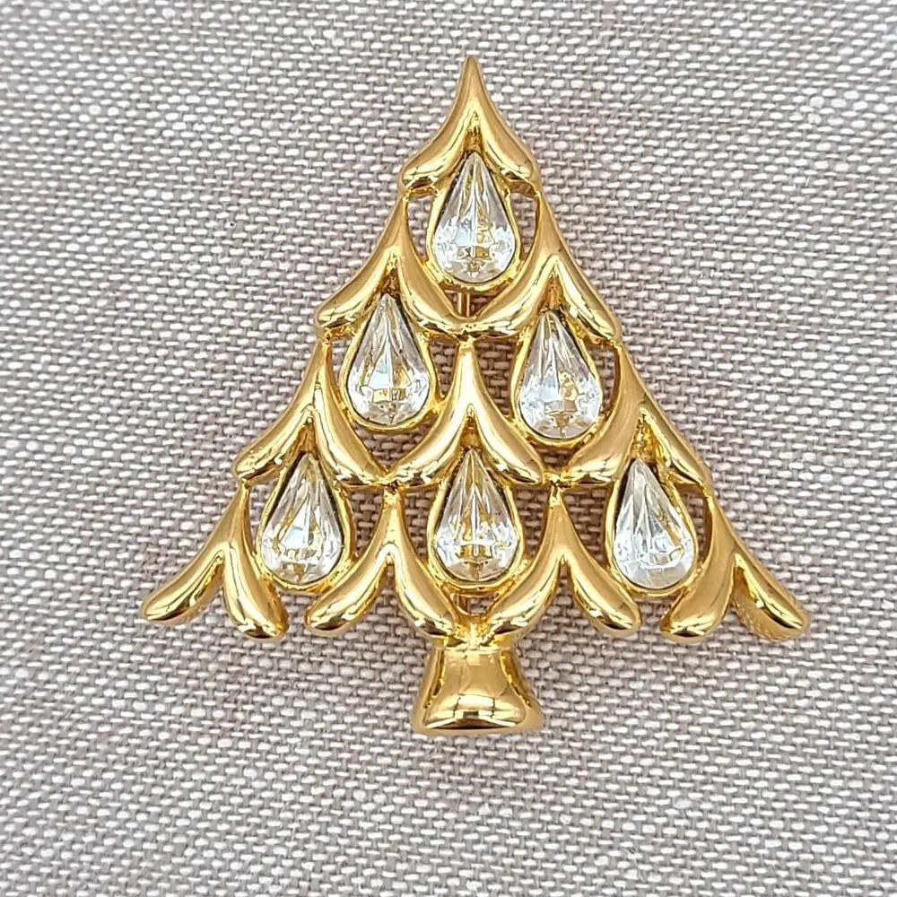 Napier Teardrop Shape Clear Rhinestone Shiny Gold Plated Christmas Tree Brooch